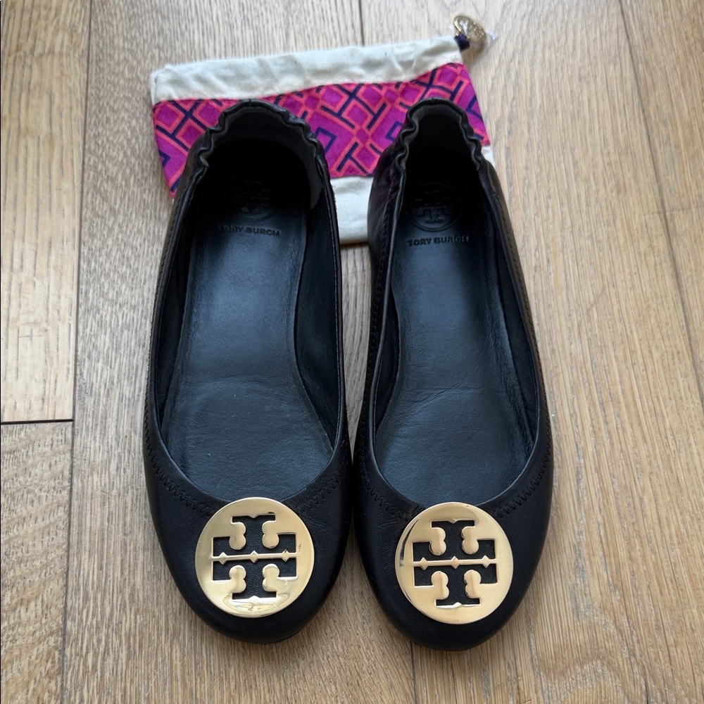 Tory Burch Black Flats with Gold Emblem